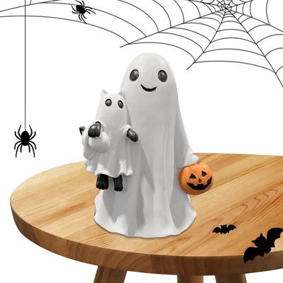 Halloween Ghost Tabletop Sculpture with Pumpkin Spooky Ghost Resin Figurine Hugging Cat for Home Holiday Decoration