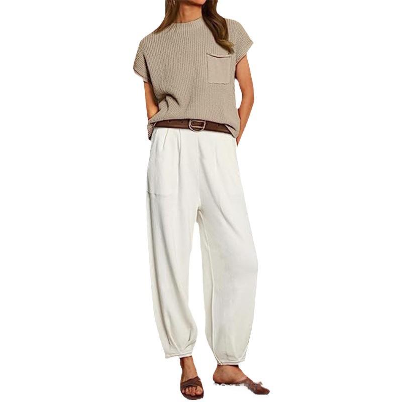 2023 Women's Two-Piece Casual Knit Sweater Set - Short Sleeve, Comfortable Fashion Outfit