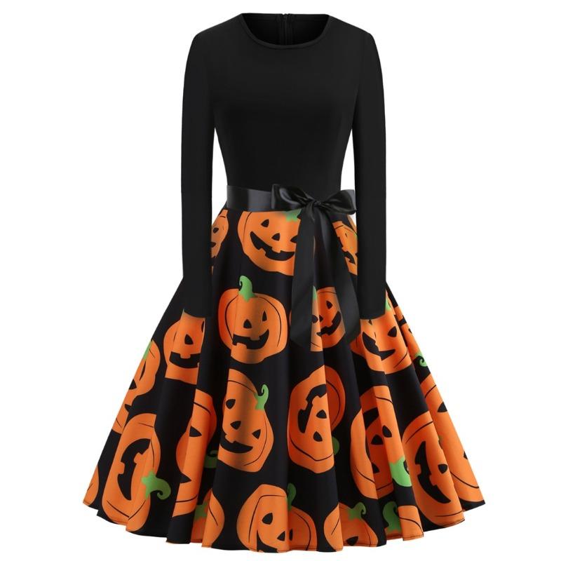 QICED Fashion Summer Long Sleeve  O-Neck Casual Dresses