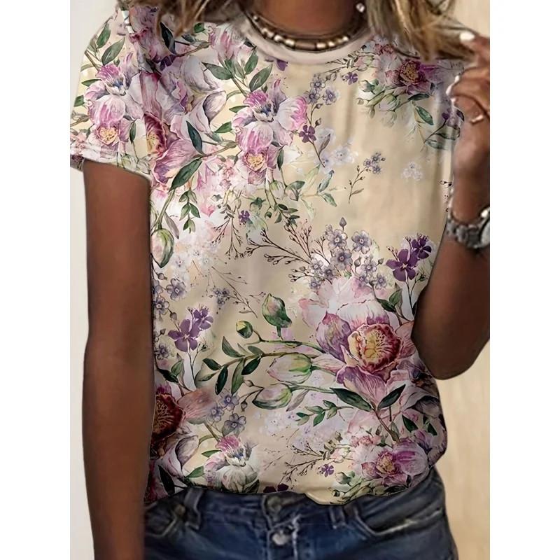 Women's 3D Printed Flower Plant Loose Tee - Short Sleeve Summer Top