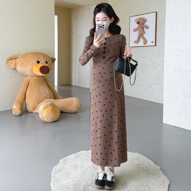 French Floral Button Long-Sleeve Maternity Dress - Autumn/Winter 2025 Slimming Design M