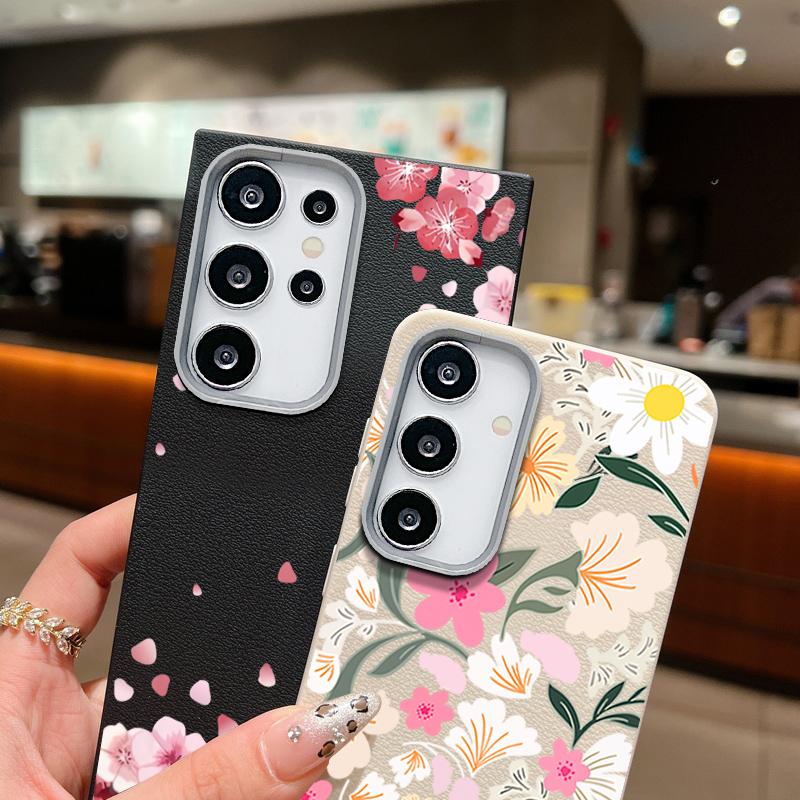 For Samsung S25 Ultra S24 FE S23 S22 S21 A56 A36 A16 A55 A15 Case Sakura Floral Print Soft Shockproof Slim Matte TPU Leather Texture Phone Cover