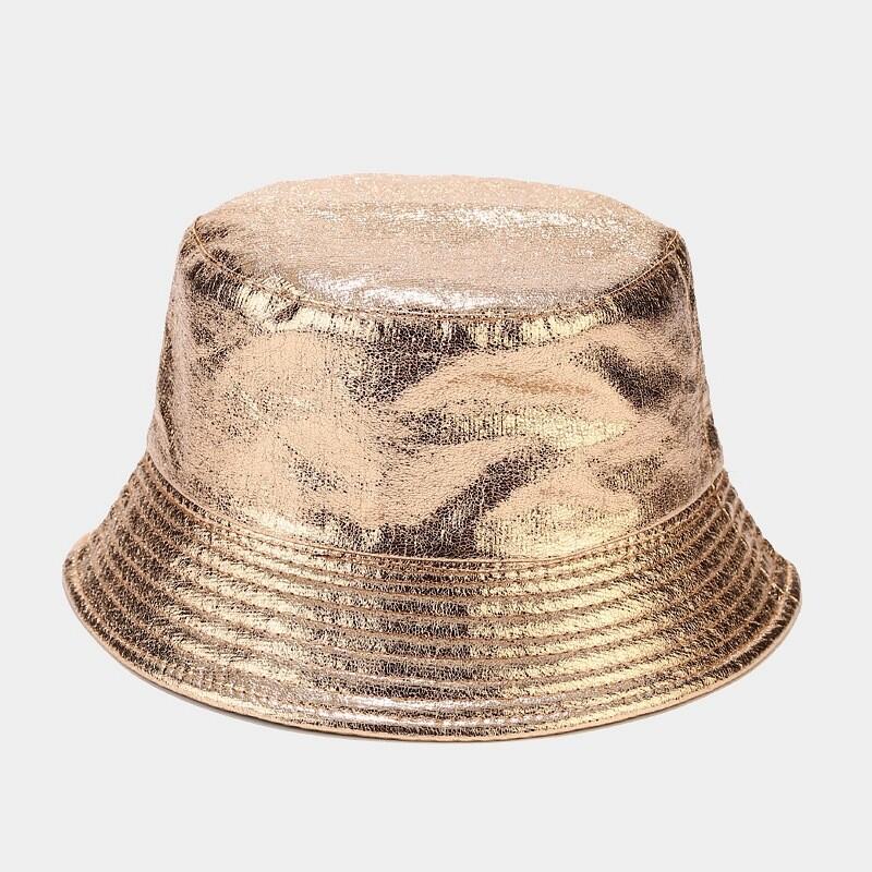 Women Girl Laser PU Faux Leather Bucket Hat Cap Shiny Sunhat Foldable Casual