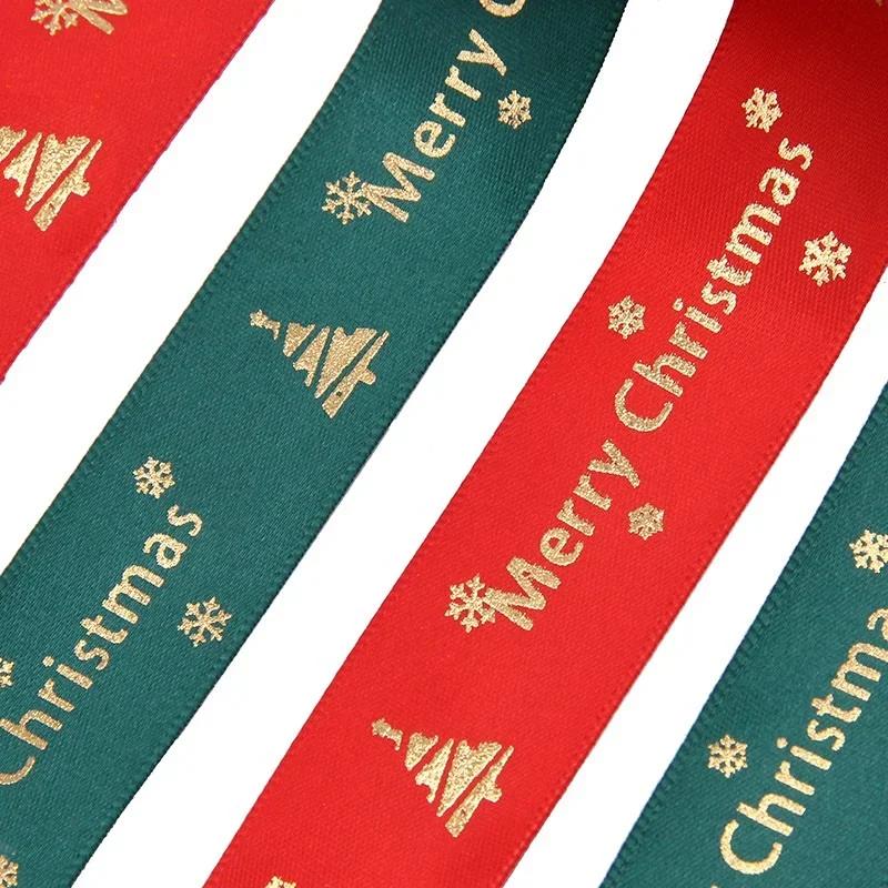 25Yards25Mm Polyester Ribbon Bronzing Ribbon Printed Christmas Ribbon For Christmas Decoration Diy Sewing Fabric