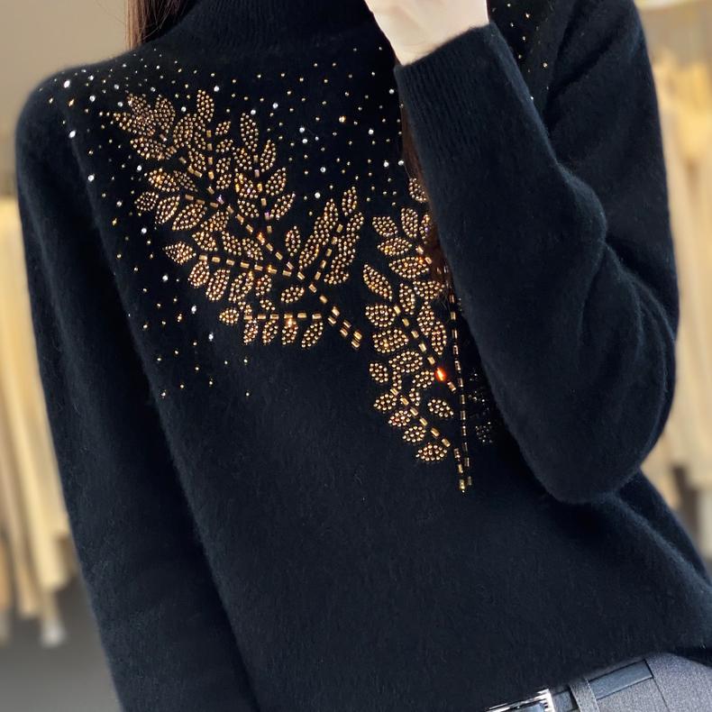 Pull semi-col roulé pour femme automne/hiver, pull ample en strass, haut en tricot doux