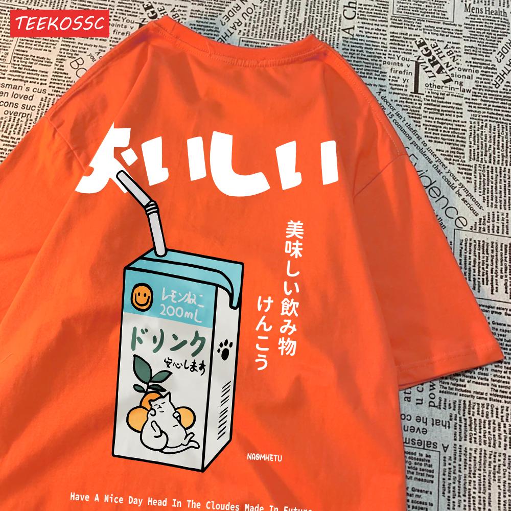 Niedliches Japanisches Katzenmuster Übergroßes T-Shirt Damen Herren Kurzarm Locker Lässiges T-Shirt Streetwear Oberteile Baumwolle Harajuku Kleidung