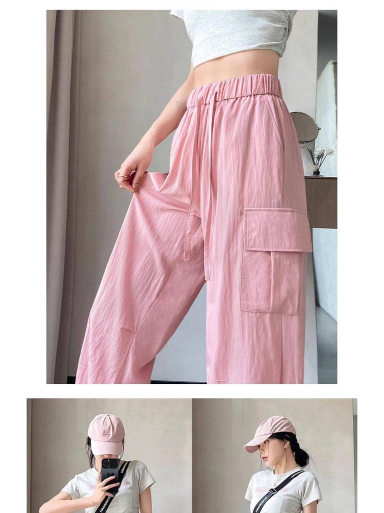 Women's Small Straight Leg Work Pants - Summer Ice Silk, Designer-Style, Elastic High Waist, Wide Leg, Floor-length