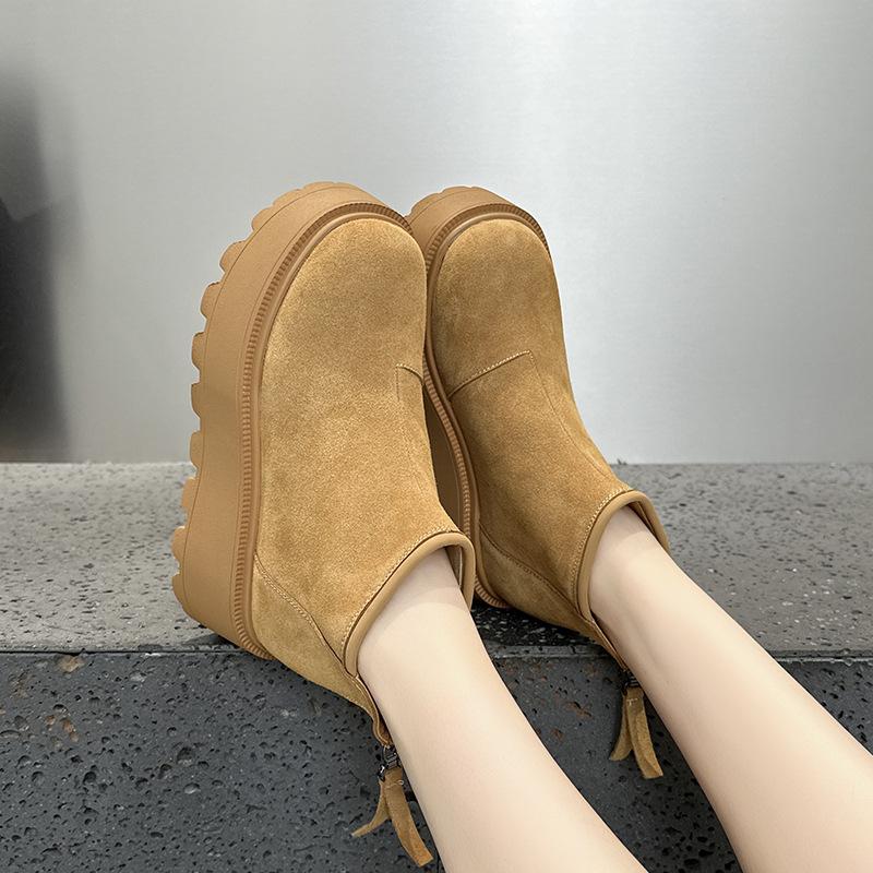 Cattle suede thick-soled short boots women's early autumn matte leather inner height increase women's boots soft leather Martin boots spring thin