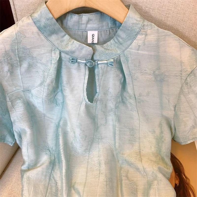Blue jacquard short-sleeved shirt women's summer new temperament retro buckle retro top thin