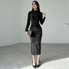 Women's Spring Solid Color Slim Pleated Round Neck Long Sleeve Dresses