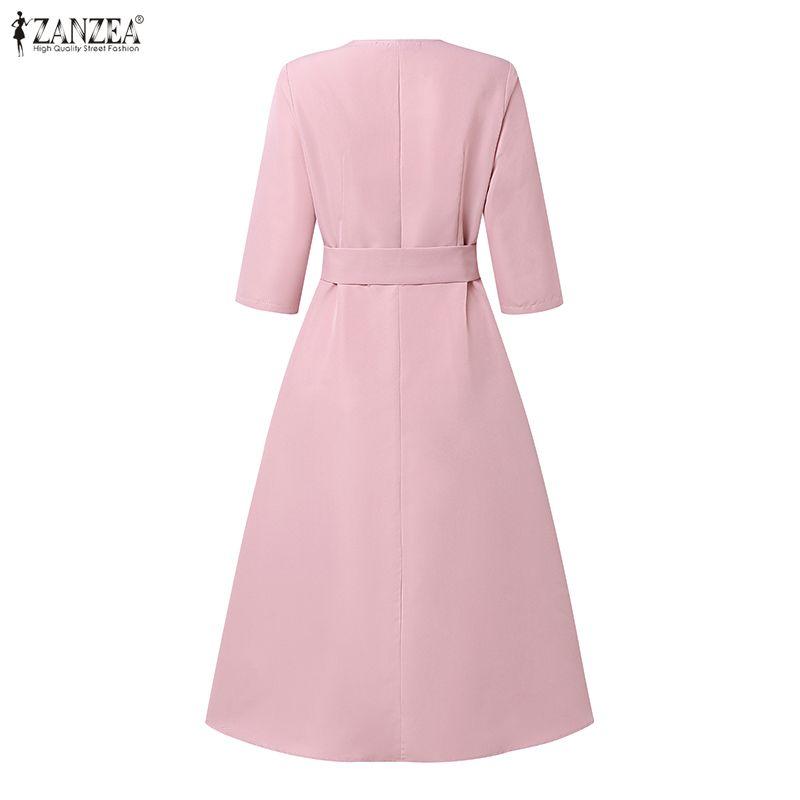 ZANZEA Women Casual V-Neck 3/4 Sleeve Loose Dress