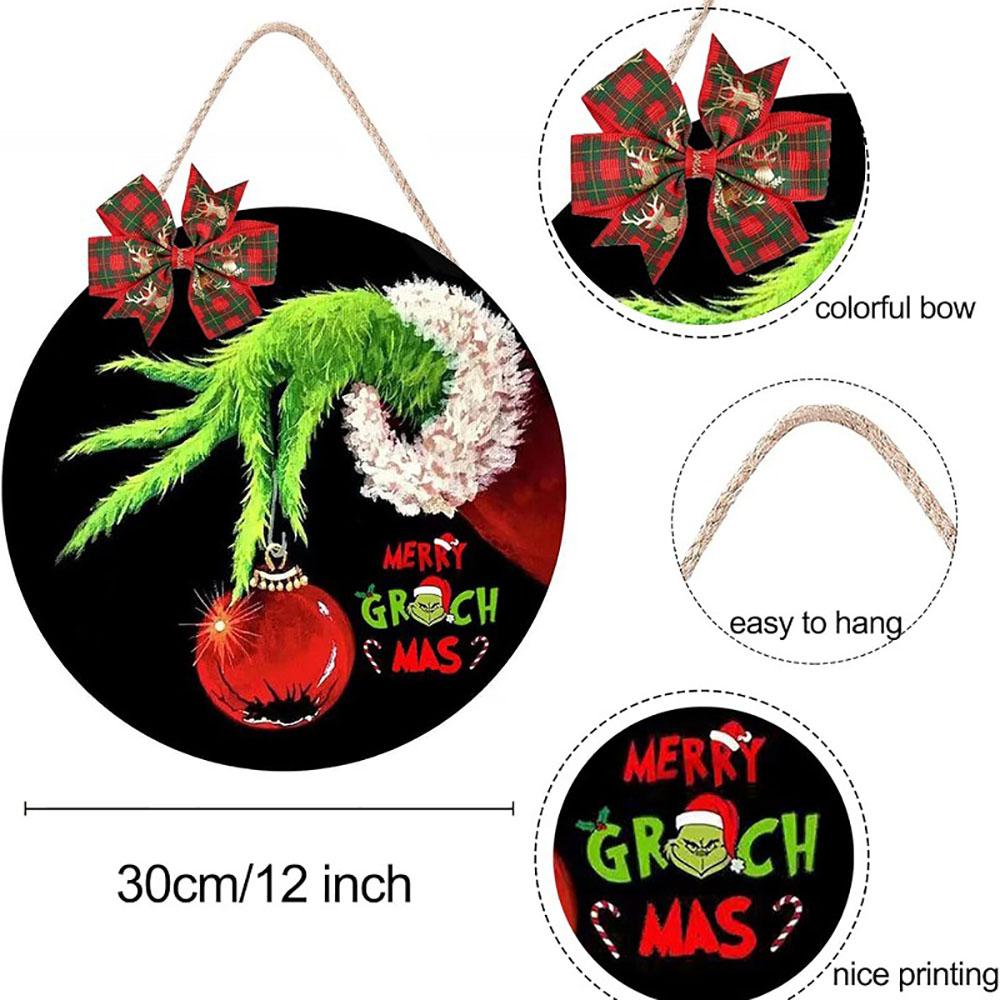 Christmas Decoration Grinch Wooden Door Wall Sign Hanger Wreath with Bow Indoor