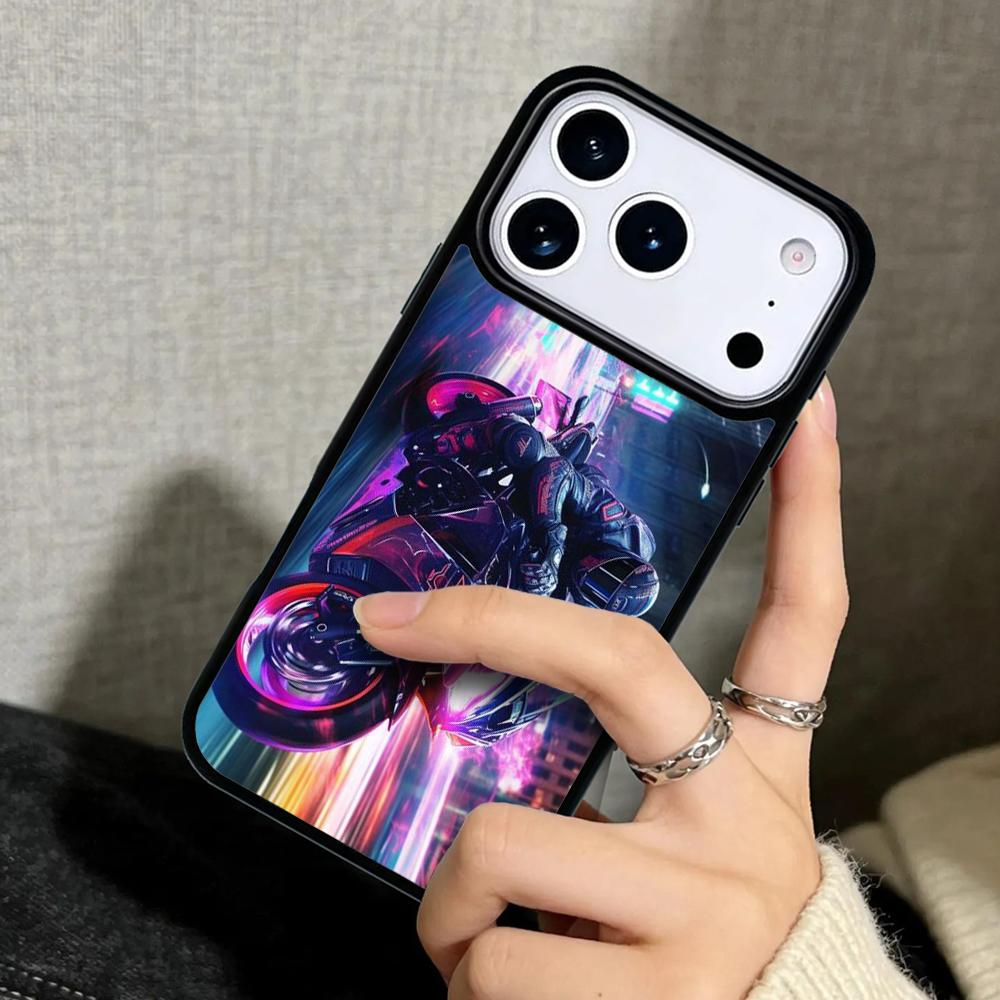 Capa Case for iPhone 17 Air 16 Pro Max 15 Plus 11 13 Mini 14 12 Back Phone Cover Road Bike Neon City Retro 1980