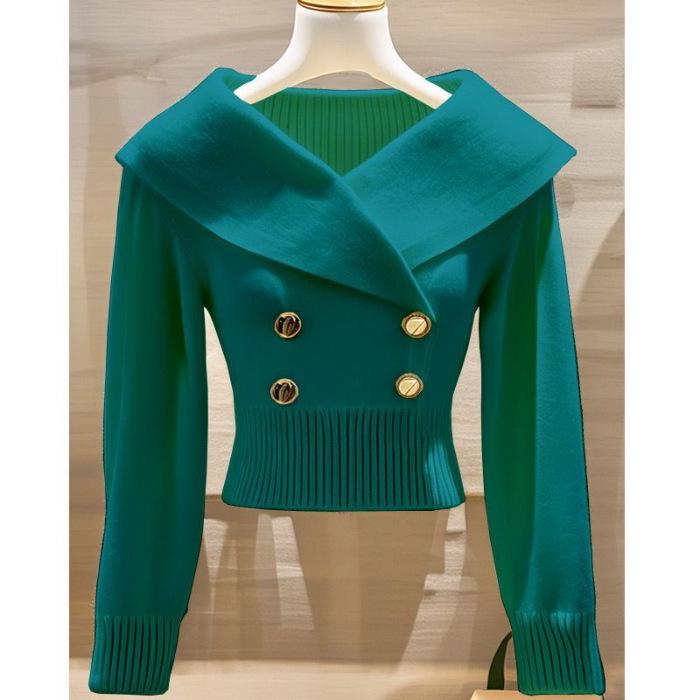 2026 Autumn/Winter French Chic White Lapel Knitwear: Women's Elegant, Waist-Cinched Slimming Sweater.