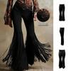 Solid Color Suede Tassel Pants Fringe Hem Slim Fit Flare Pants Retro High Waist Trousers  Party
