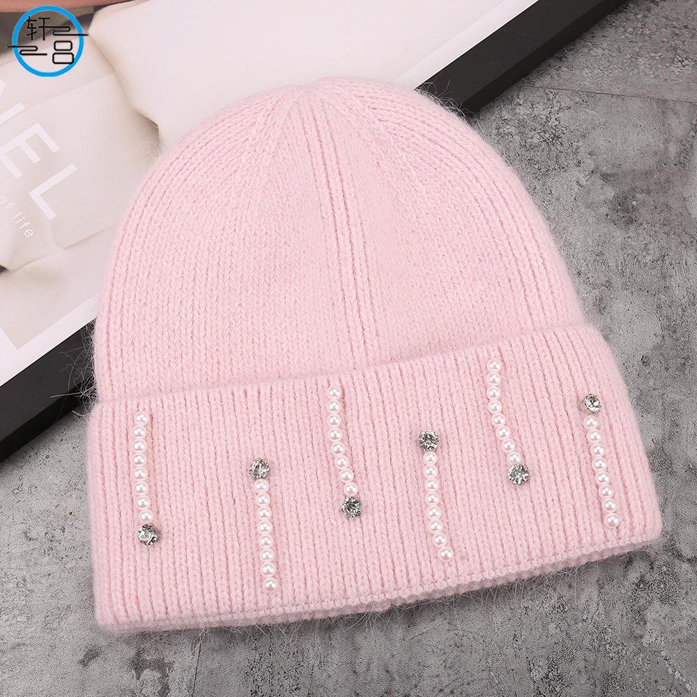 Autumn and winter new fashion rabbit hair blended rhinestone pearl installation versatile knitted hat outdoor simple warm wool hat