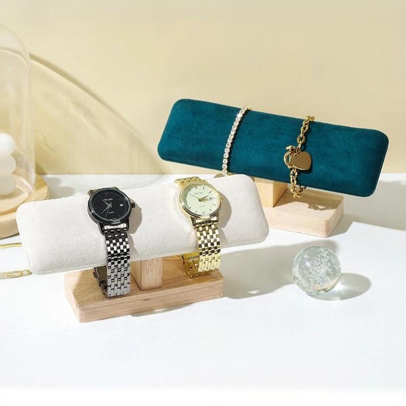 T-Shaped Bracelet Watch Display Rack Wooden Base PU Leather Jewelry Organizer for Retail Store Home Storage