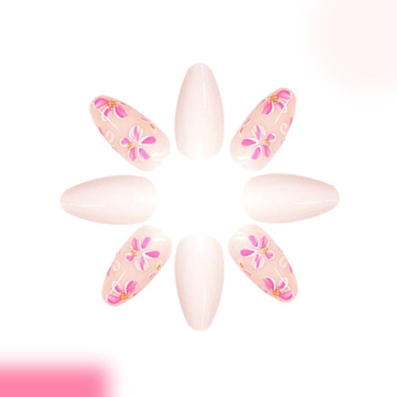 Press On Nail Short Almond Fake Nail French Full Cover Acrylic False Nail Flower Design Fake Nail for Women and Girls
