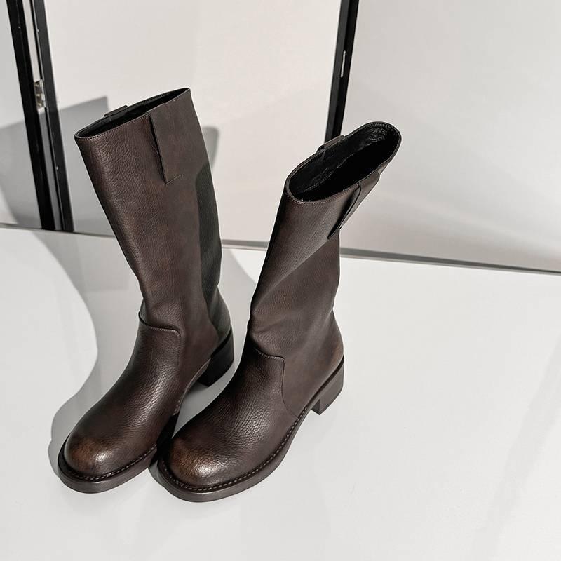 Autumn and Winter Women's Leather Boots Leather Large Size Knight Boots Solid Color Sleeve Large Tube Circumference Women's Boots New Cowhide High Boo