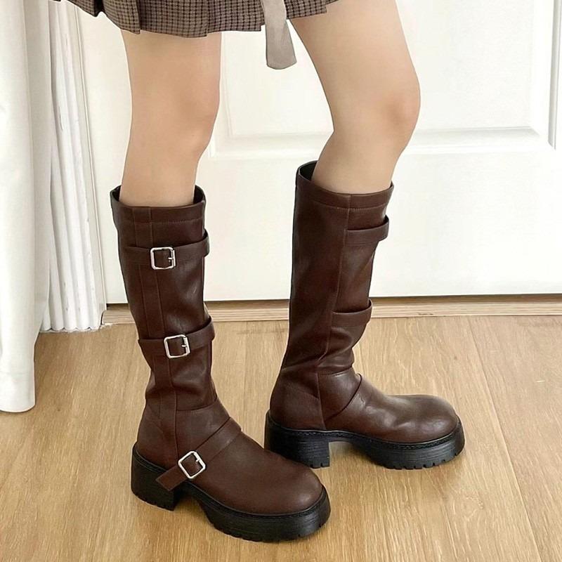 

Fashion 2024 Ladies Shoes Knee-High Women s Boots Concise Modern Boots Women Belt Buckle Round Toe Med Heel Platform Slip on Shoes Women 35 хаки