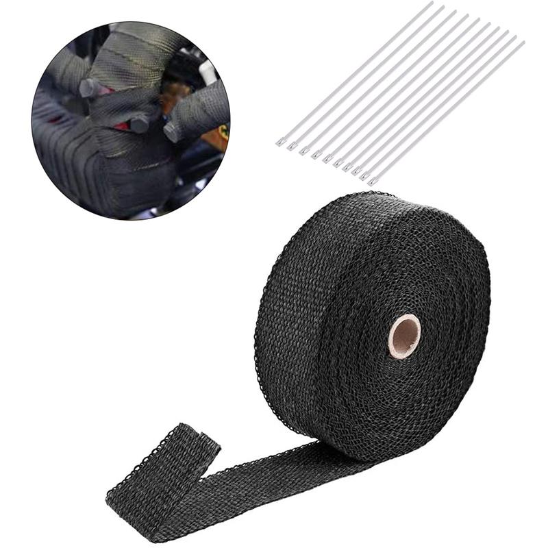 Exhaust Heat Wrap 2000℉ Black Car Exhaust Pipe Heat Insulation Wrap 50mm X 15m with 10 Stainless Steel Cable Ties Pipe Wrap