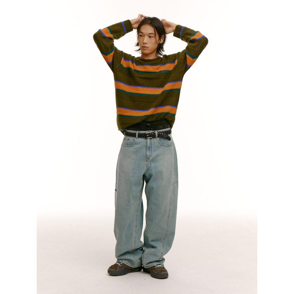 Saendeusaundeu (Unisex) Wool Blend Striped Pullover Sweater Khaki
