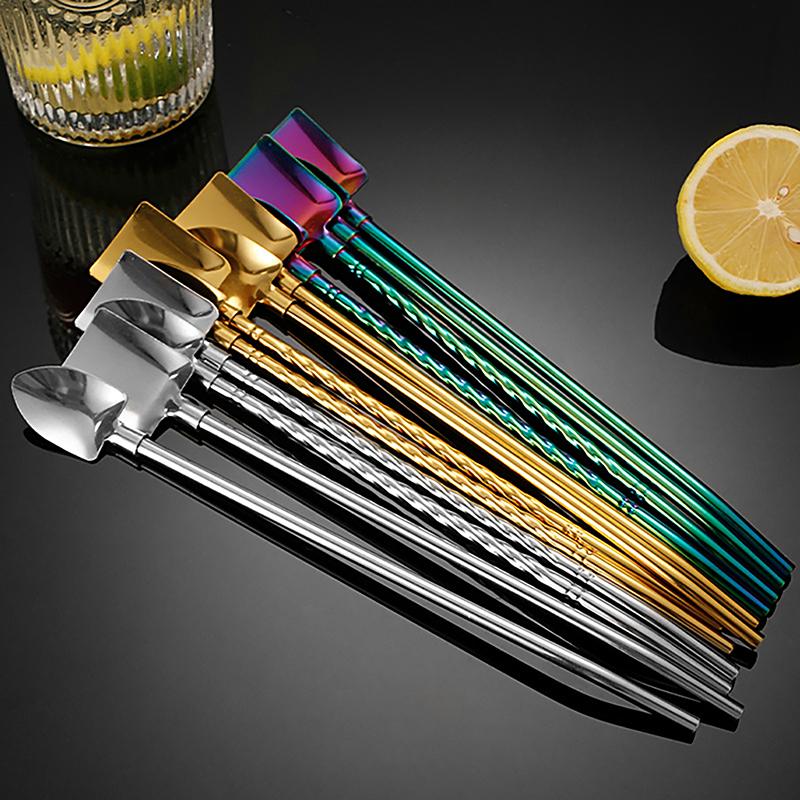 2In1Drinking Straws Spoon Creative Stainless Steel Reusable Drinking Straw
