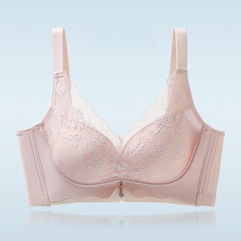 Breezy Light Luxury Lace Perforated Cup Bra, Lightweight Breathable Push Up Side Gathering Women Bra