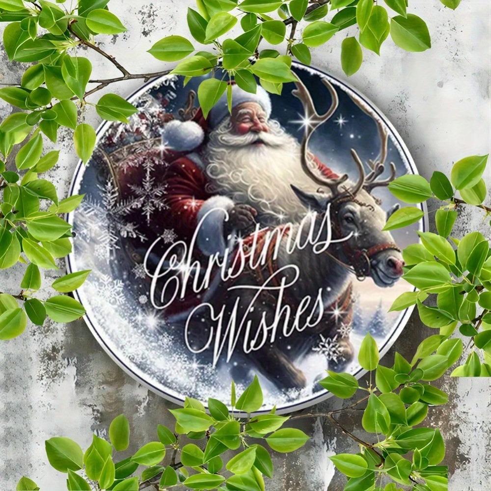 Santa Claus Sleigh Metal Wreath Sign Christmas Home Decor Round Wall Art
