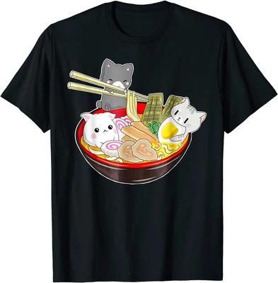 Great Kawaii Japanese Anime Cat Noodle Bowl Gift T-Shirt 100% Cotton O-Neck Summer Short Sleeve Casual Mens T-shirt Size S-3XL