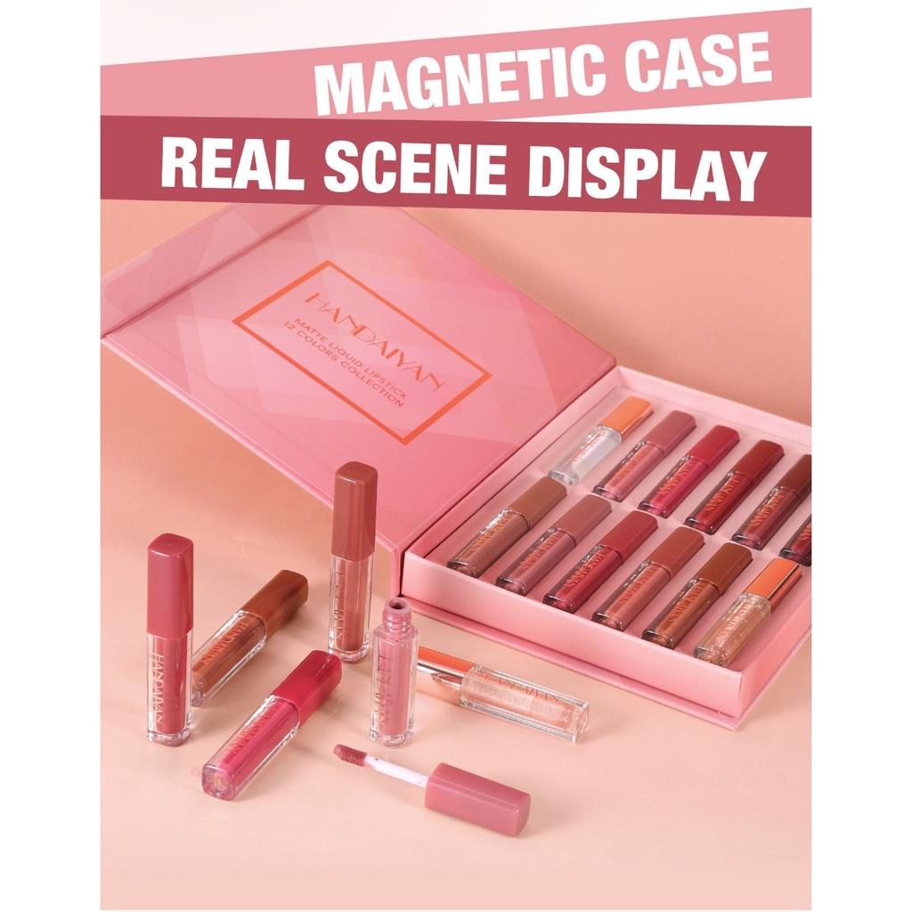 HANDAIYAN 12-color Matte Waterproof Non-stick Cup Lip Glaze Small Square Tube Gold Sparkling Pearlescent Lip Glaze