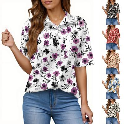 Women's Fashion Casual Button Pocket Shirt Short Sleeve Print Lapel Top