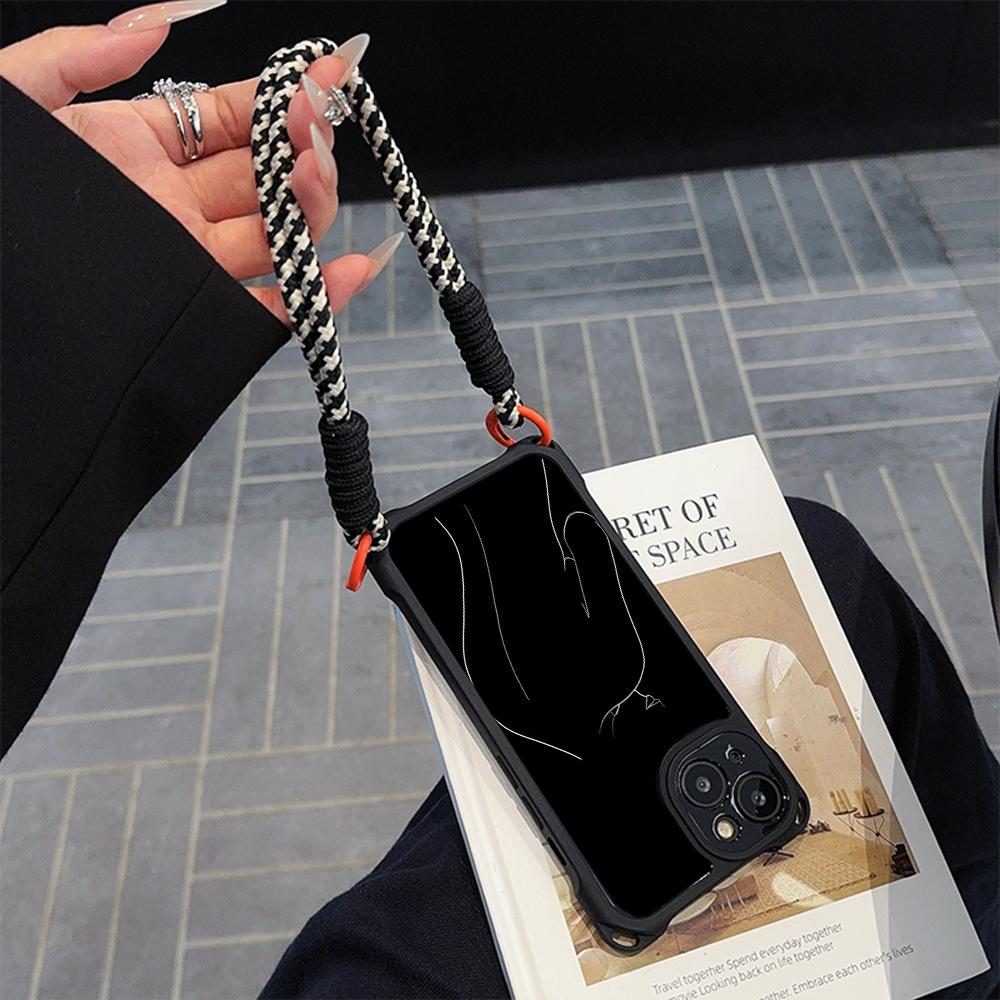 Ae79 Femme Framed Black Art Soft Phone Cases for iPhone 16 15 14 13 12 11 Pro Max 7 8 Plus XR XS with Wrist Strap Lanyard Corner Protection Back Cover