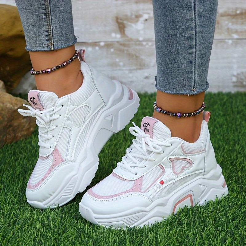 Women's Heart Patten Chunky Sneakers, Fashion Mesh Height Increasing Sports Shoes, Breathable Casual Outdoor Shoes