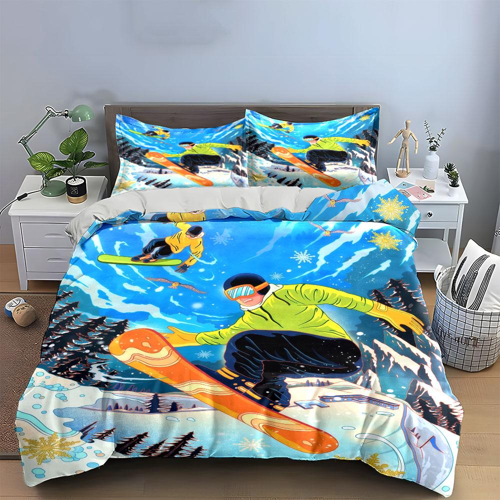 Snowboarding Gear Set Outdoor Sports Soft Comfortable Duvet Cover Bedding Set Included 1*Duvet Cover & 2*Pillowcases, Gift