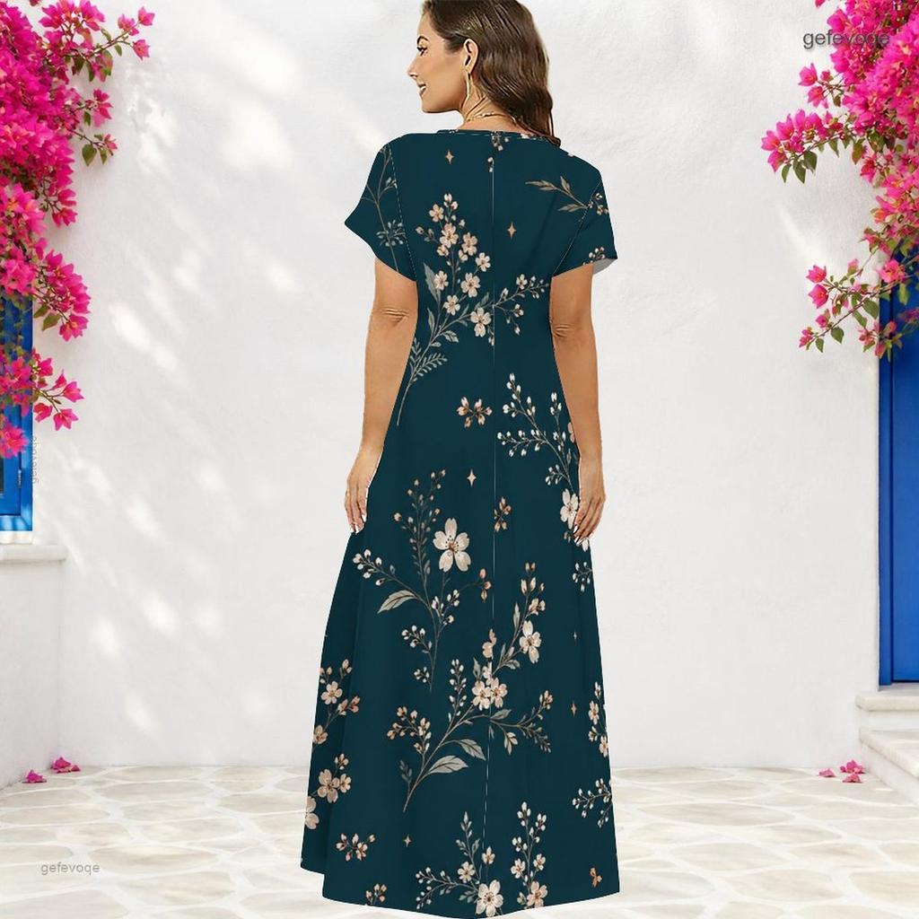 Women Plus Size V Neck Short Sleeve Floral Printed Navy Blue Long Straight Dress
