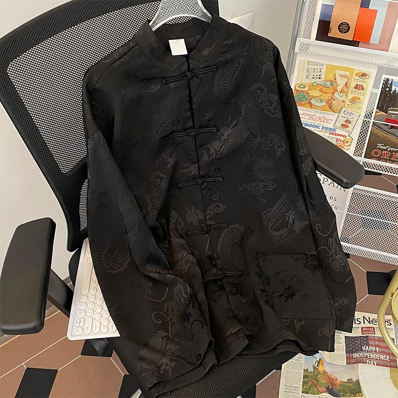 Retro Jacquard Shirt Men Chinese Style Top Satin Kungfu Blouse Long Sleeve Tradition Button Down Male Tai Chi Costume