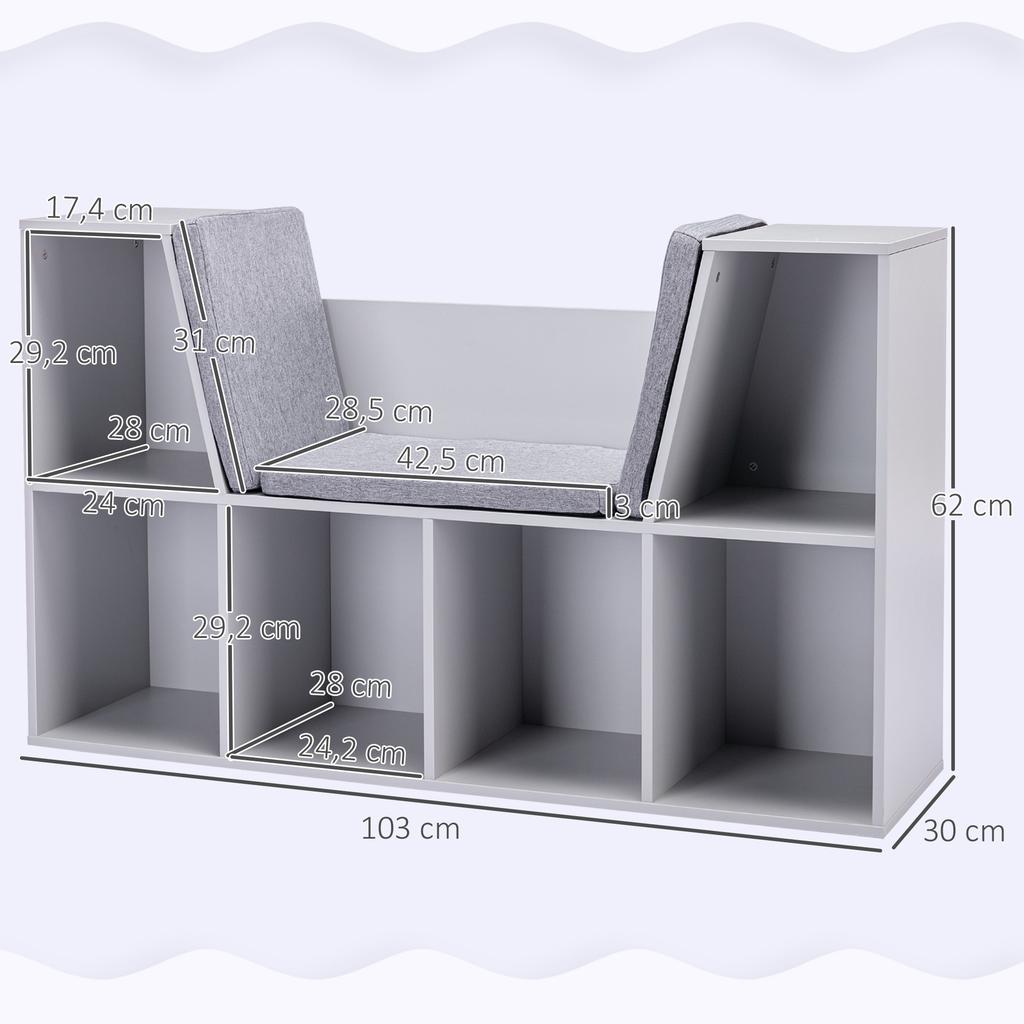 2-in-1 Children's Shelf, Shelf + Bench incl. Cushion, 103 cm x 30 cm x 62 cm, White + Gray