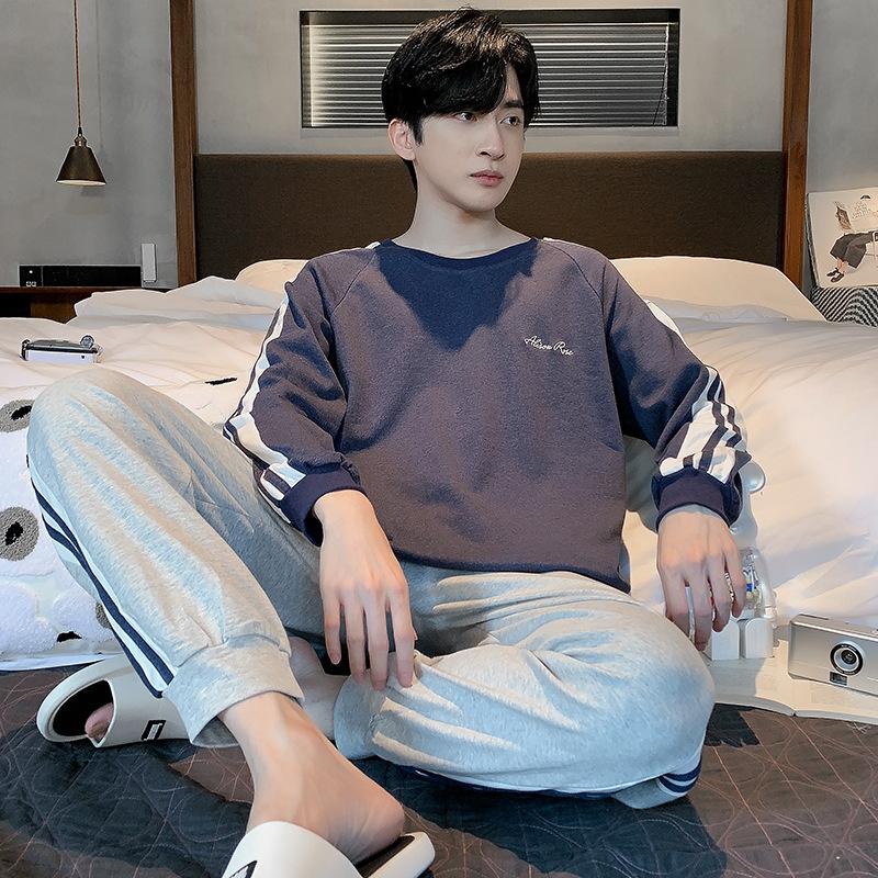 Frühlings-Baumwollpyjamas Herren Lounge Schlafbekleidung Blau Kariert Pijama Herren Morgenmantel Hauskleidung PJ Pijama Hombre