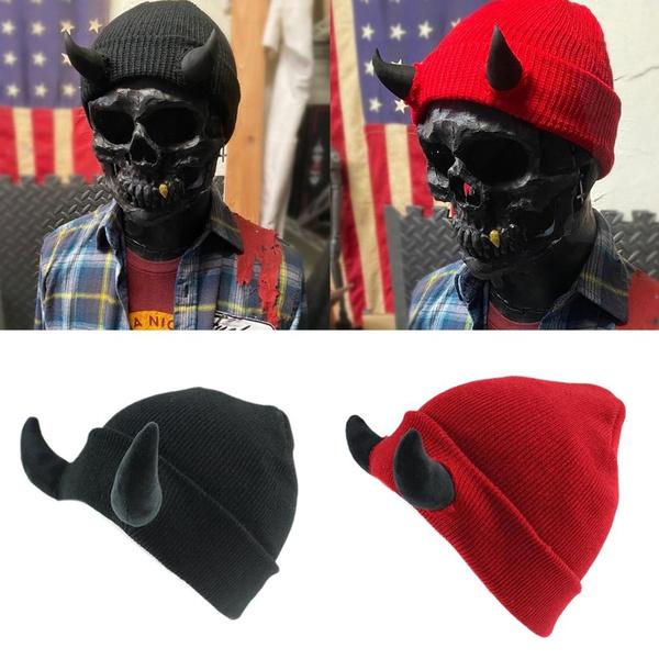 Beanie Hat for Teens Adult Evil Horns Soft Beanie Cap Costume Hat Autumn Winter Warm Hat Funny Party Headwear