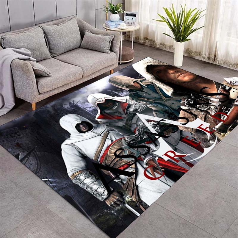 Assassin's Creed Vícehlavní postava Plošný koberec Pozadí tmavého lesa Protiskluzová podložka na podlahu Omyvatelný herní koberec Pro herní pokoj Pánskou jeskyni Domácí dekorace
