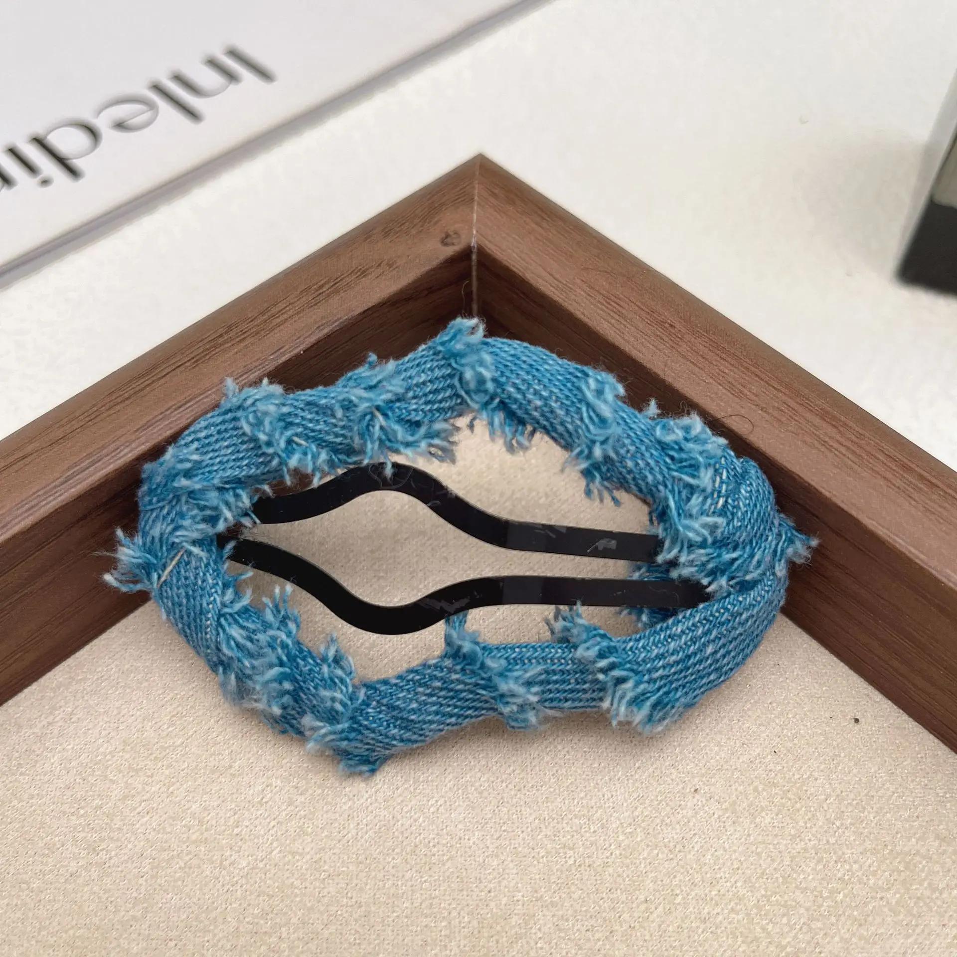 

Заколка для волос из ткани синего денима, милая, крутая, для девочек 2000 года, корейская мода, сломанная заколка для волос в форме сердца и звезды на лбу