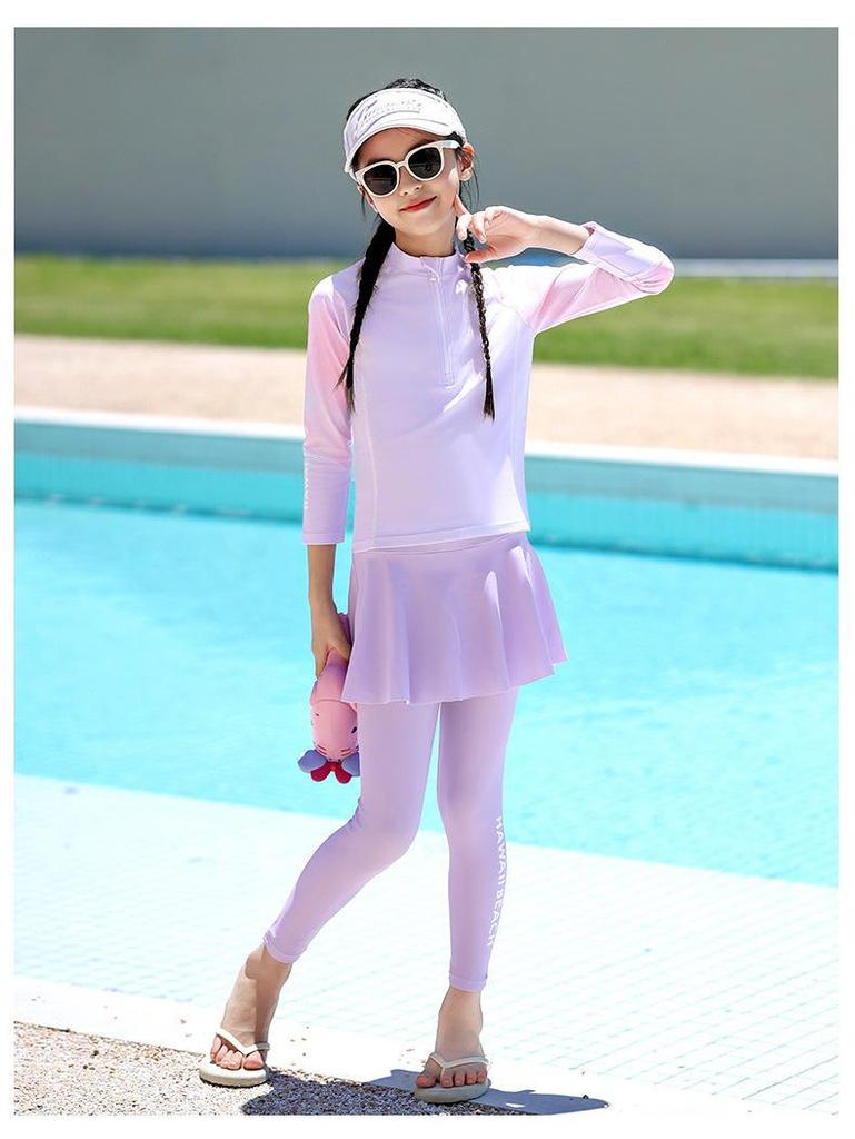 Girls' 2024 Long Sleeve Two-Piece Swimsuit Set with Sunscreen Protection