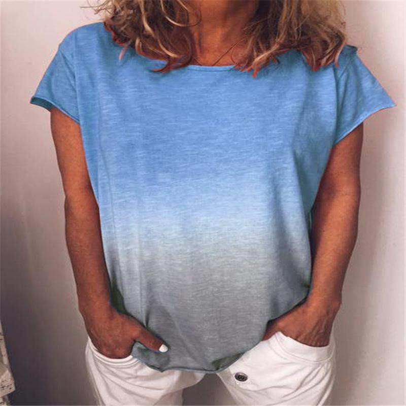 Women's Summer Rainbow Gradient Printed Round Neck Short Sleeve Loose T-shirt
