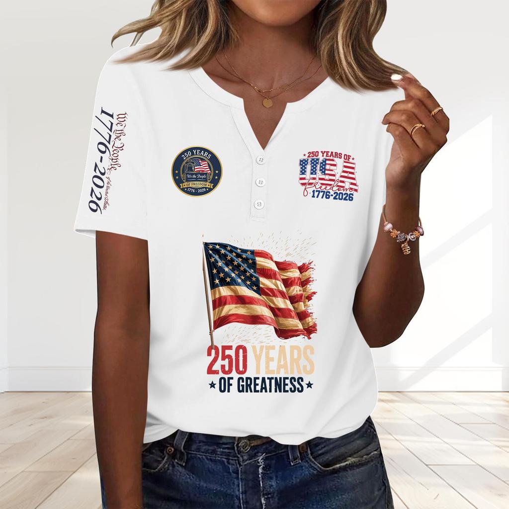 Women's Fashion Casual 250th Anniversary Independence Day Print V-Neck Short Sleeve Decorated Button-Up T-Shirt