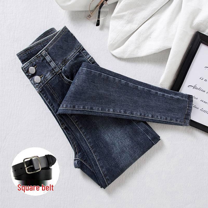 Blue-Gray High-Waisted Skinny Bootcut Jeans for Women: Fleece-Lined, Thickened, Slimming, Tapered Leg – 2022 Autumn/Winter Collection.