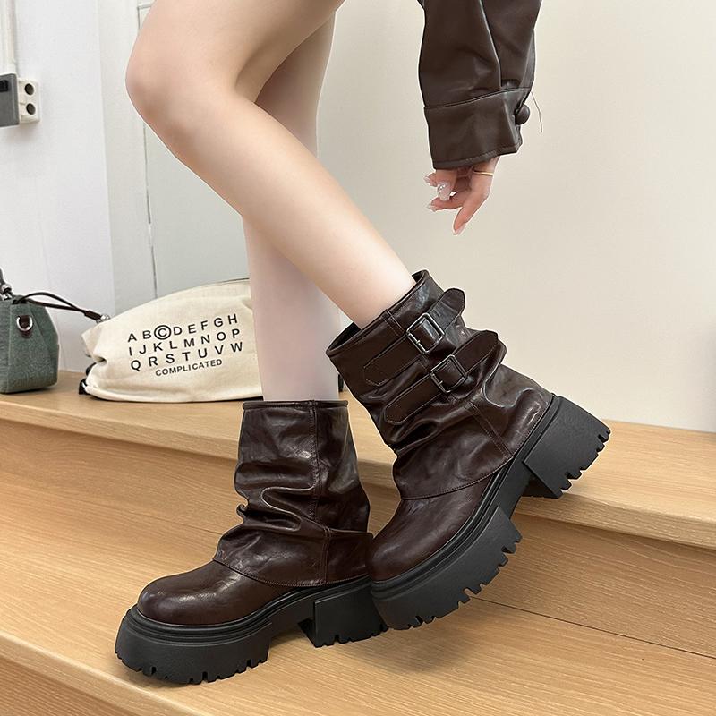 Winter Platform Thick Sole Woman Ankle Boots Design Belt Buckle Slip On Shoes Punk Style Leather Knight Short Bottes Femmes
