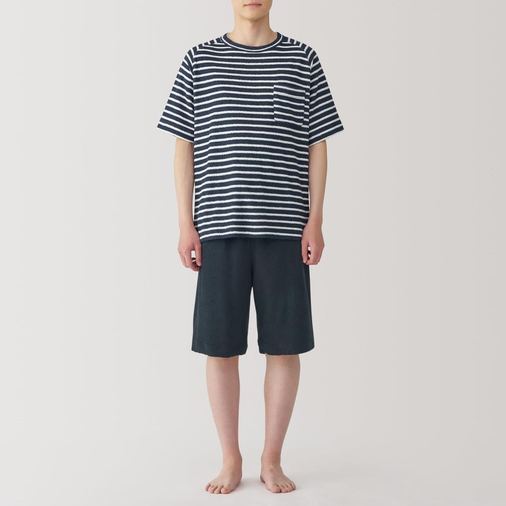 MUJI Towel Double Sided Pile Short Sleeve Room Wear Set FB0XZA5S Dark Navy Border XS Men's Men's Men's
