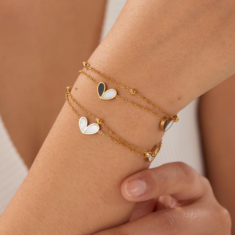 Gold Plated Stainless Steel Two Tone Heart Necklace Bracelet Jewelry Set for Women