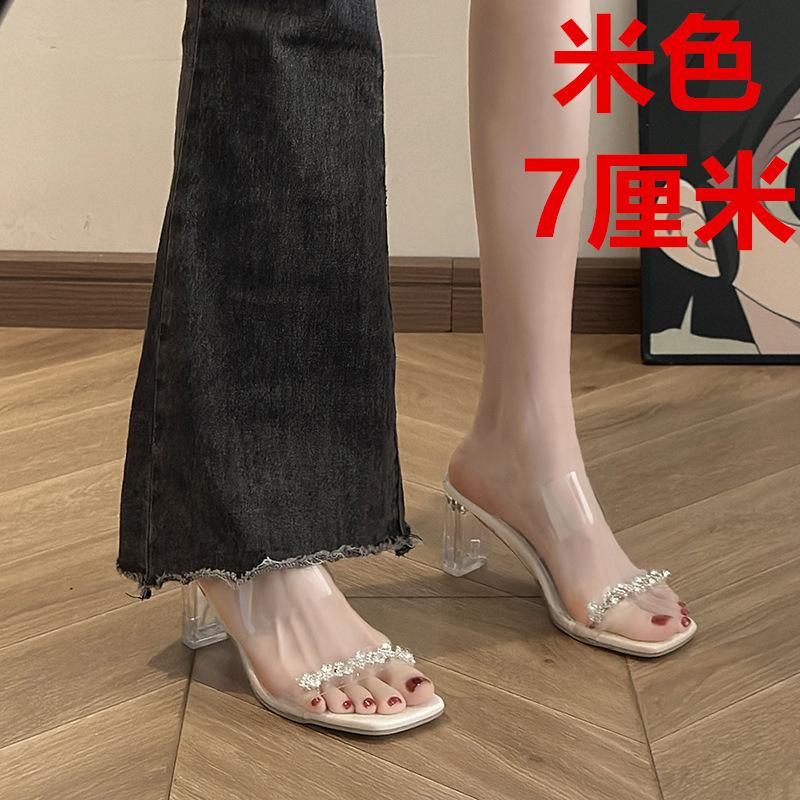French rhinestone transparent crystal heel beautiful sandals women's summer thick heel slippers high heels wear sandals with skirt